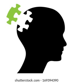 Head with one green missing piece of puzzle. Abstract editable eps10 vector design. Raster available in my portfolio. 