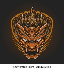 the head oni orange devil japan mask illustration
