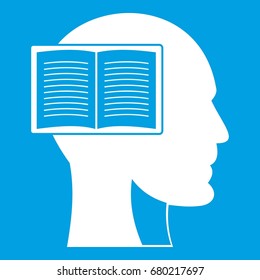 Head with open book icon white isolated on blue background vector illustration