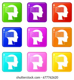 Head with open book icons of 9 color set isolated vector illustration
