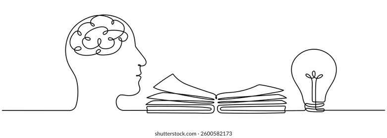 Head with open book and lightbulb continuous line drawing. Creative idea process concept. Brainstorm symbol. Vector illustration isolated on white.