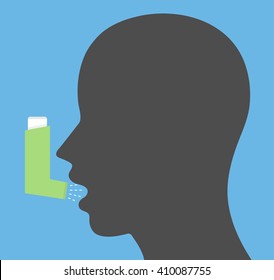 Head with open mouth and inhaler spray