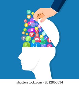 The head is opened with a communication icon bubble. The concept of communication or online