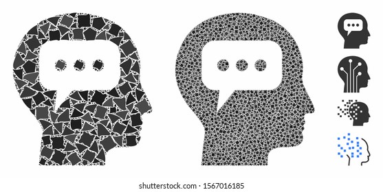 Head opinion composition of inequal elements in different sizes and color tones, based on head opinion icon. Vector unequal pieces are grouped into collage.