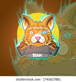 Head orange cat with blue fire mascot esport logo design. The high-resolution Esport Gaming logo is suitable for your team's mascot.