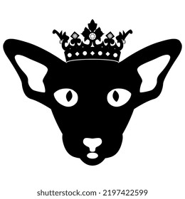 Head of oriental breed domestic cat wearing royal crown. Creative funny animal concept. Black and white silhouette. Logo style.