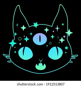 the head of an otherworldly glowing cat decorated with stars