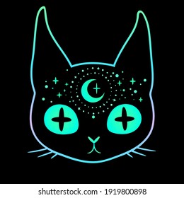 the head of an otherworldly glowing cat decorated with stars