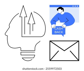 Head outline with arrows, a person holding cash back sign in front of a web window, and an envelope icon. Ideal for digital marketing, financial incentives, email campaigns, online shopping, and web