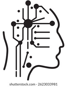 Head outline with CPU style connections representative of AI or technology taking over the human brain