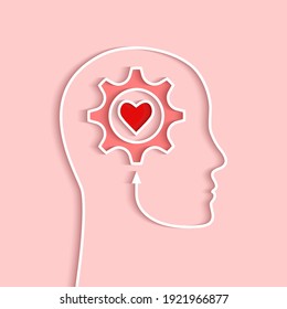 Head outline with gear and heart concept. Vector illustration in papercut style and shadow on light pink background.