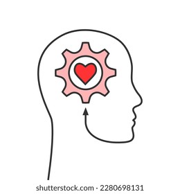 Head outline with gear and heart shape as mental health, mental well-being and wellness, inspiration, personal growth, self development or emotional intelligence concept. Abstract vector illustration.