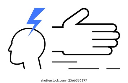 Head outline with lightning bolt emphasizes sudden ideas fast-moving hand depicts speed. Minimalist art style Ideal for technology inspiration innovation creativity efficiency dynamic actions