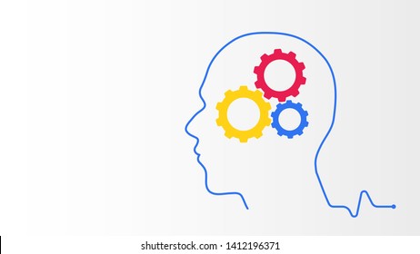 Head outline with red blie yellow gear brain thinking