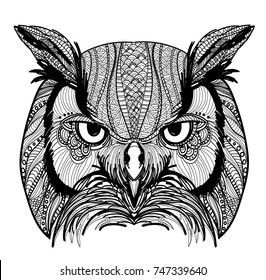 The head of an owl. Beautiful owl. Meditative coloring of antistress. Arrows, strips, scales, lines. Logo, print on the shirt