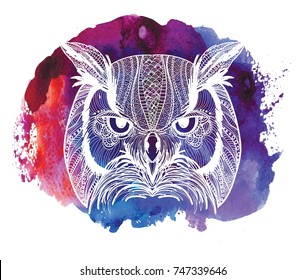 The head of an owl. Beautiful owl. Meditative coloring of antistress. Arrows, strips, scales, lines. Logo, print on the shirt