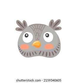 Head of owl cute bird face with ears isolated flat cartoon icon. Vector cute feathered fowl animal mask, funny head with big eyes. Happy barn, comic emoji, emoticon avatar, eagle or long eared owl