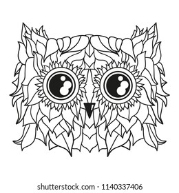 Head of owl. Design Zentangle. Hand drawn bird with abstract patterns on isolation background. Design for spiritual relaxation for adults. Black and white illustration for coloring. Zen art. Doodle