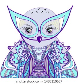 the head of an owl in glasses, hand-drawn in a graphic style in the vector. a complex and interesting ornament on the feathers of a bird.