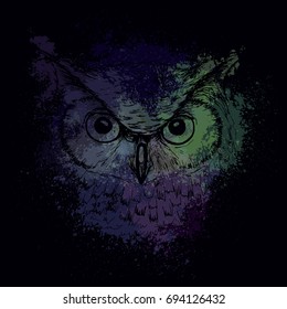 Head of an owl at night on a background of bright colored spots, a design for a T-shirt