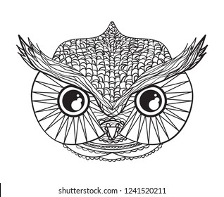 Head of owl on isolated white. Zentangle. Hand drawn bird with abstract patterns on isolation background. Design for spiritual relaxation for adults. Black and white illustration for coloring