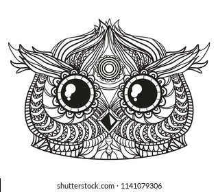 Head of owl on white. Zen art. Zentangle. Hand drawn bird with abstract patterns on isolation background. Design for spiritual relaxation for adults. Black and white illustration for coloring. Print