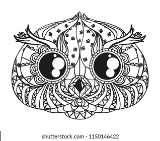 Head of owl on white. Zen art. Zentangle. Hand drawn bird with intricate patterns on isolated background. Design for spiritual relaxation for adults. Black and white illustration for coloring. Print