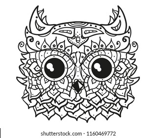 Head of owl on white. Zen art. Zentangle. Hand drawn bird with intricate patterns on isolated background. Design for spiritual relaxation for adults. Black and white illustration for coloring. Print