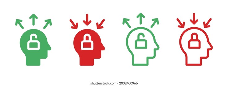 Head With Padlock Icon. Open Mind And Closed Mind Symbol Vector Illustration