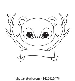 head of panda bear with tree branches and ribbon