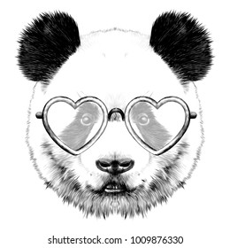 head Panda with glasses in heart shape sketch vector graphics monochrome drawing
