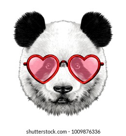 head Panda with glasses in heart shape sketch vector graphics color picture