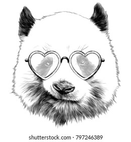 head Panda with glasses in heart shape sketch vector graphics monochrome drawing