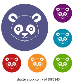 Head of panda icons set in flat circle reb, blue and green color for web