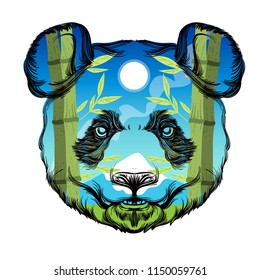 Head of a panda with a landscape of bamboo forest. Vector illustration for prints on t-shirts, tattoos and much more.