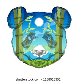 Head of a panda with a landscape of bamboo forest. Vector illustration for prints on t-shirts, tattoos and much more.