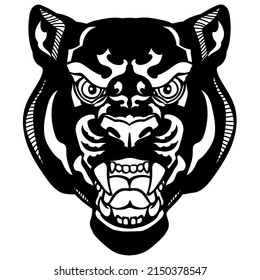 head of the panther. Aggressive black leopard. Front view tattoo style vector illustration