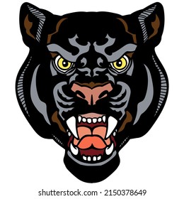 head of the panther. Aggressive black leopard. Front view tattoo style vector illustration