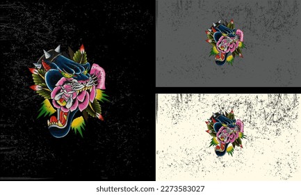 diseño de mascota de ilustraciones vectoriales de pantera de cabeza y flores