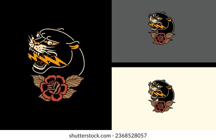 head panther and flowers vector mascot design