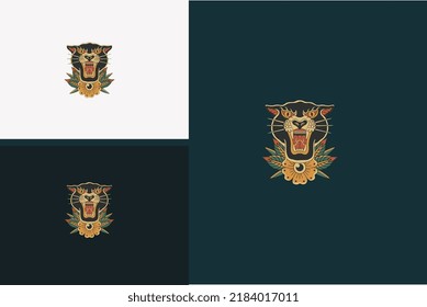 head panther and red flower vector illustration design