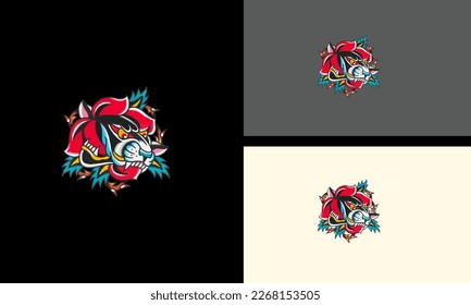 head panther and red flowers vector illustration mascot design