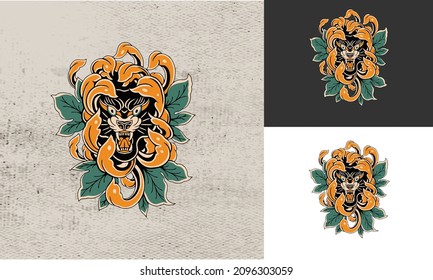 head panther and red rose flower tattoo design vector