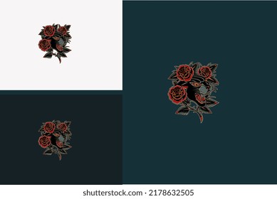 head panther and red rose vector flat design