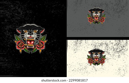 head panther and red rose vector mascot flat design