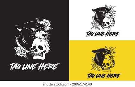 head panther and head skull black and white vector