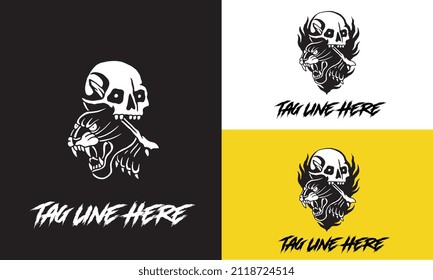 head panther and head skull vector black and white design
