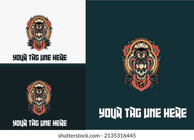 head panther and head skull vector illustration design