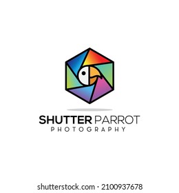 head parrot with hexagon Aperture Shutter Lens Camera for Photography Photographer logo design, conceptual logo, inspiration bird vector template colorful