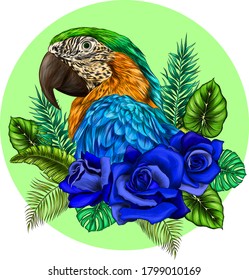 Papagei-Palm und Blumen, rosengelb-grüne Vektorgrafik